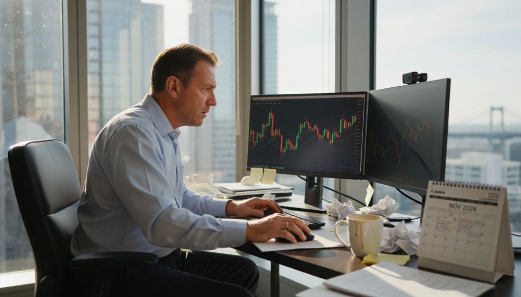 Trader stressed reviewing charts in office