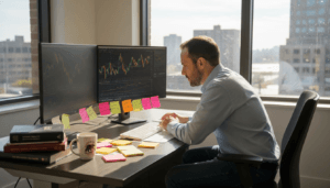 Trader analyzing forex charts in corner office