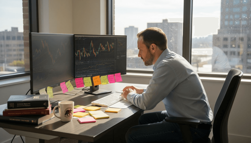 Trader analyzing forex charts in corner office