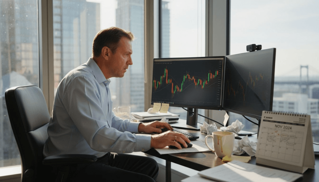 Trader stressed reviewing charts in office