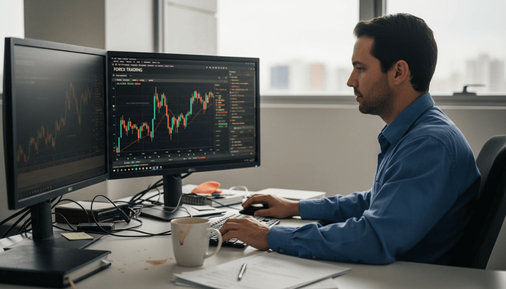 Profissional analisa operações de Forex em seu escritório, cercado de gráficos e documentos.
