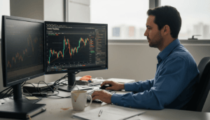 Profissional analisa operações de Forex em seu escritório, cercado de gráficos e documentos.