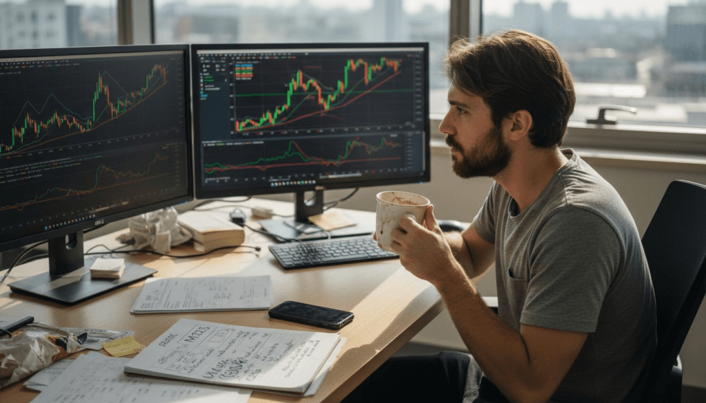 Logo cedo, trader acompanha gráficos de Forex na mesa, analisando oportunidades do mercado.