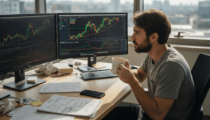 Logo cedo, trader acompanha gráficos de Forex na mesa, analisando oportunidades do mercado.