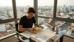 Homem conferindo lista de tarefas antes de operar na conta de trading