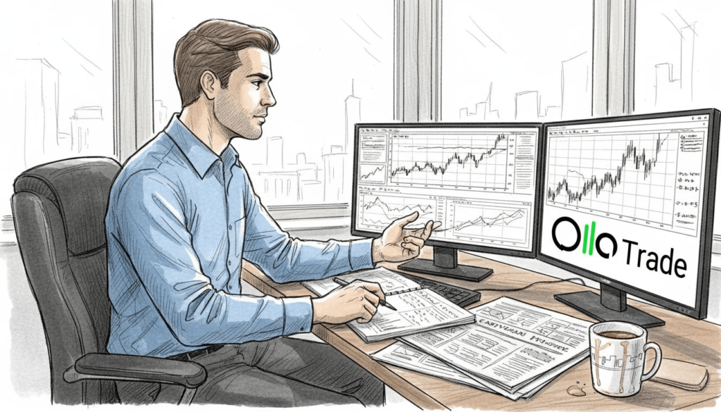 Trader reviewing signals at corner office desk
