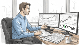Trader reviewing signals at corner office desk