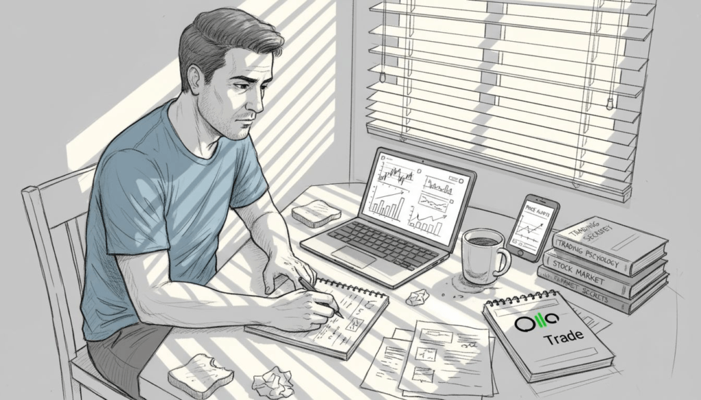 Swing trader analyzing charts at cluttered home table