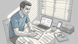 Swing trader analyzing charts at cluttered home table