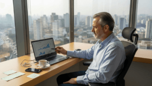 Homem fazendo operações de trading no computador em um escritório moderno na cidade