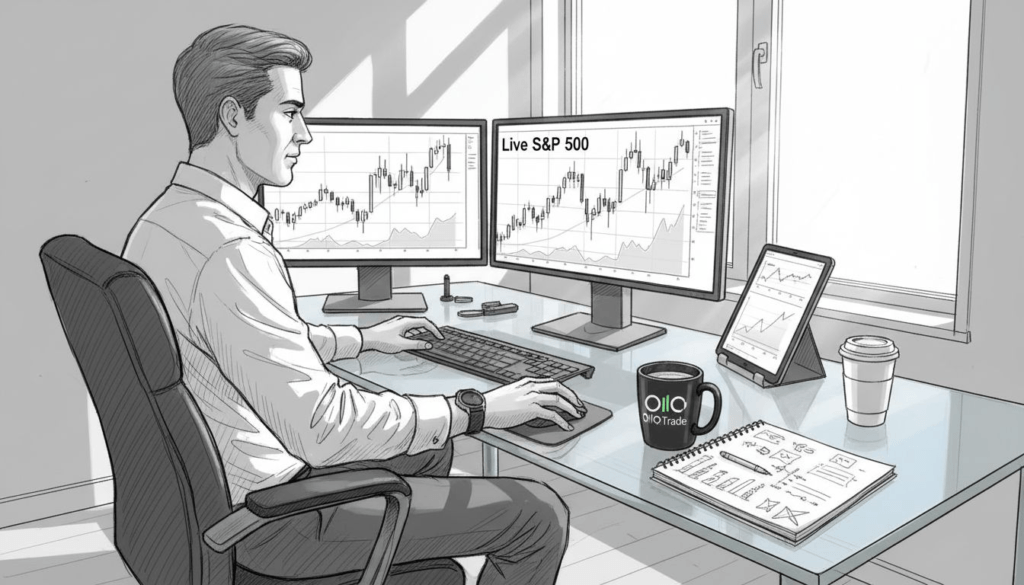 Trader at glass desk using multiple devices