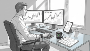 Trader at glass desk using multiple devices
