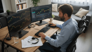 Trader trabalha com operações de forex em casa, utilizando vários monitores no home office.