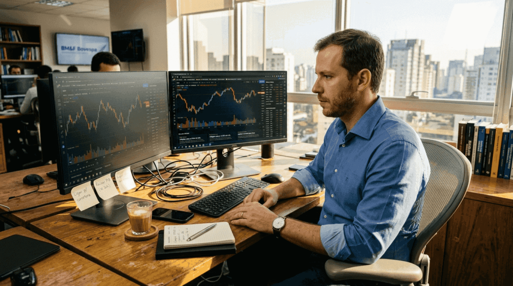 Trader analisando gráficos de forex em pleno dia, sentado à mesa de trabalho.