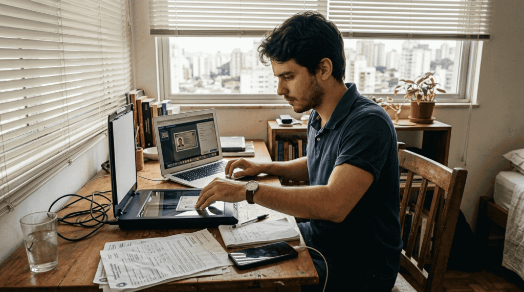 Jovem digitalizando documentos para abrir uma conta em corretora de investimentos