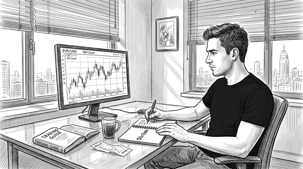 Man at home desk checking CFD trading screen