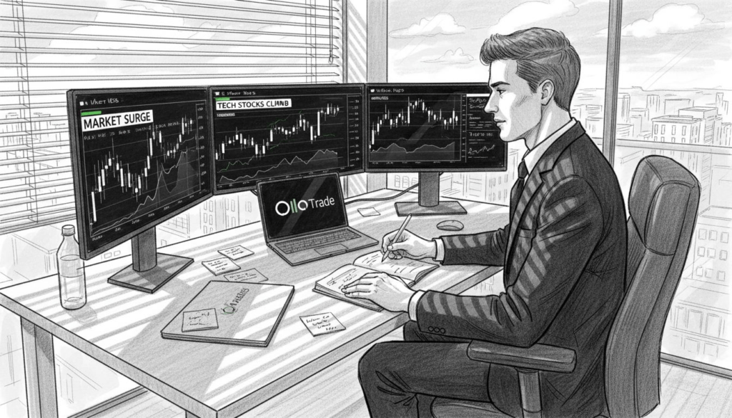 Trader analyzing charts in glass-walled office