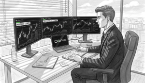 Trader analyzing charts in glass-walled office