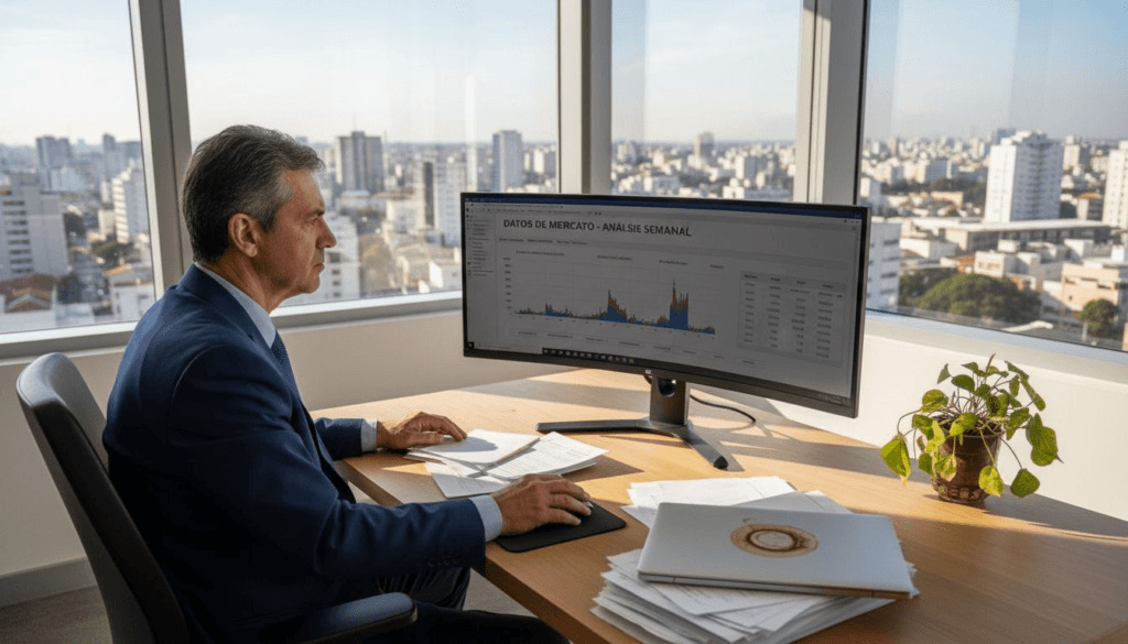 Profissional do mercado financeiro analisa indicadores em um escritório sofisticado