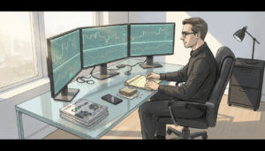 Trader viewing MetaTrader charts at desk