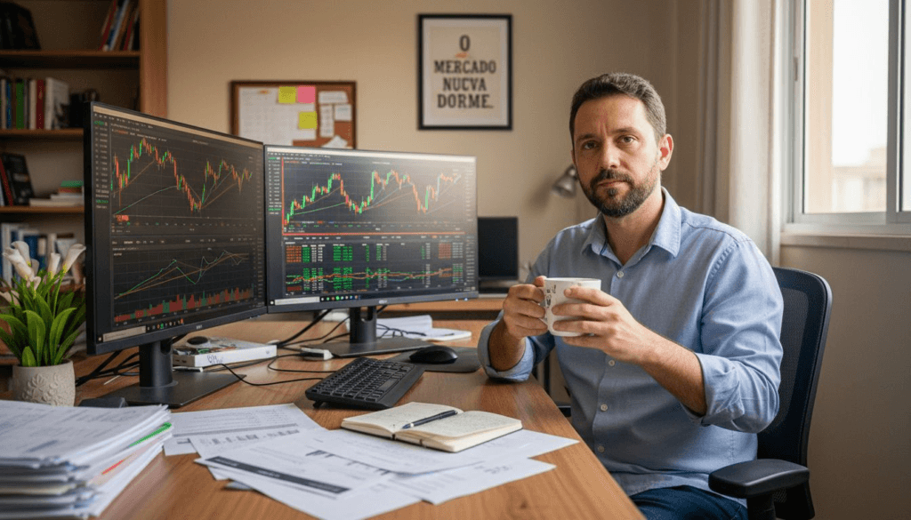 Profissional de investimentos acompanhando o mercado pelo computador em casa