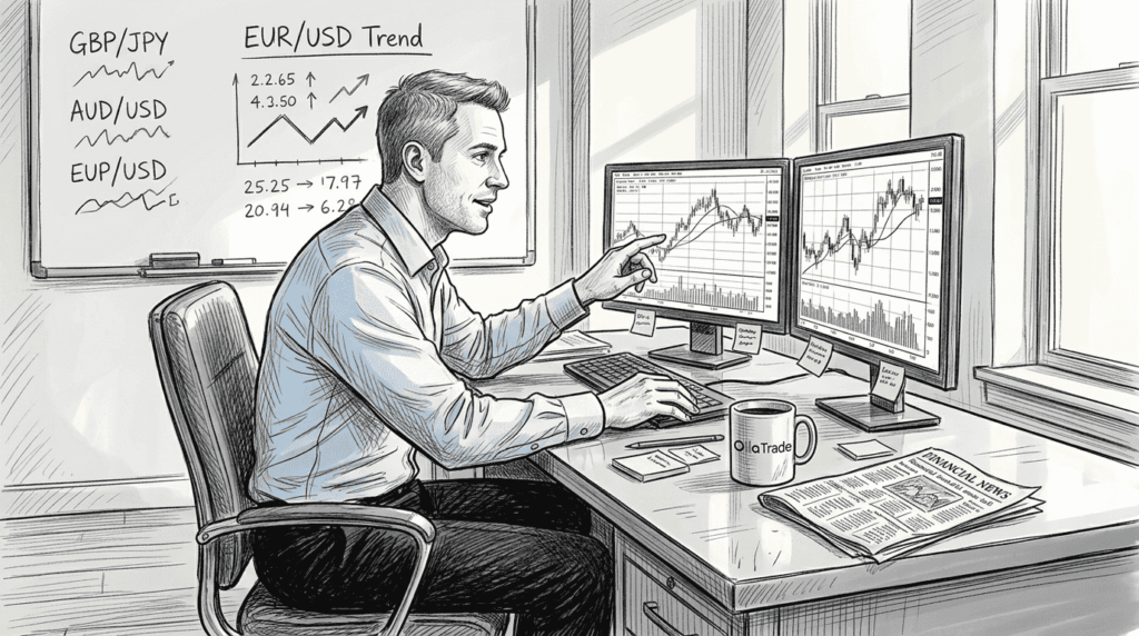 Forex trader at workstation with charts open