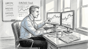 Forex trader at workstation with charts open