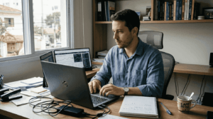 Homem acompanhando gráficos de forex enquanto trabalha em casa