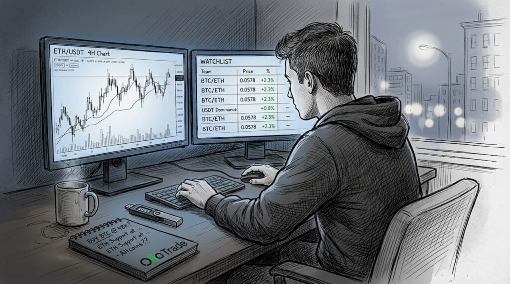 Crypto trader at urban desk with price charts