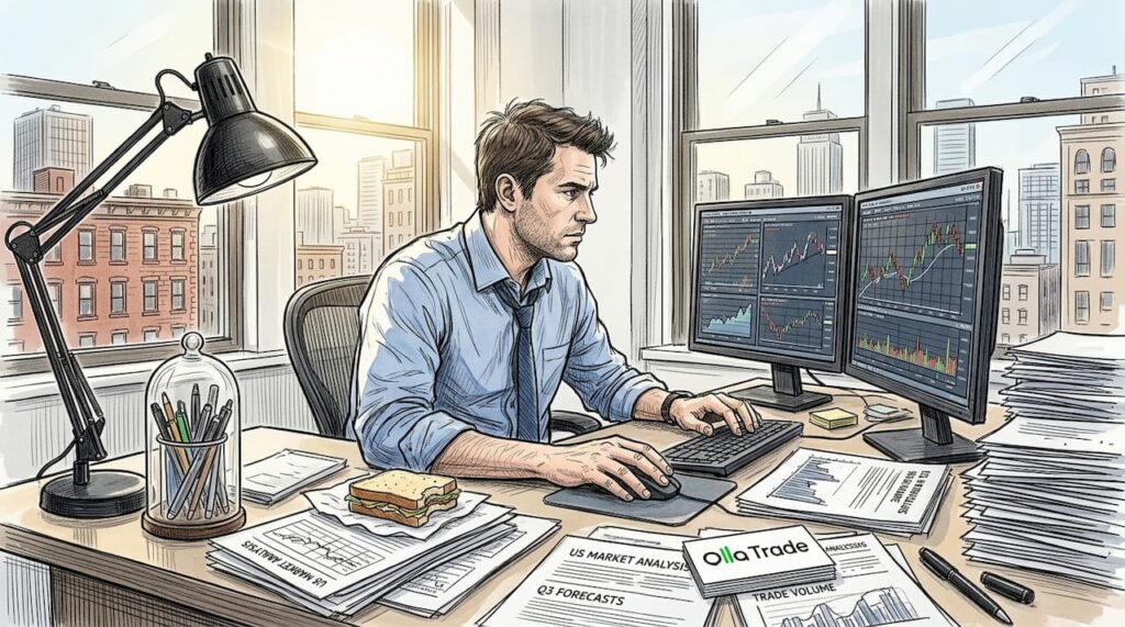 Trader reviewing live spreads in busy office