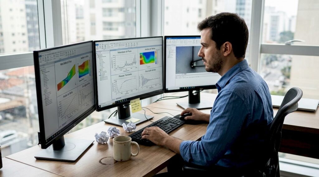 Profissional do mercado financeiro acompanhando gráficos de CFD em seu escritório