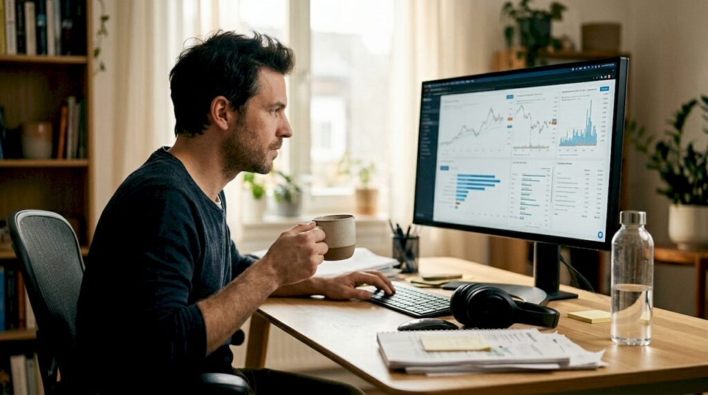 Pela manhã, o trader acompanha os gráficos do mercado direto do home office.