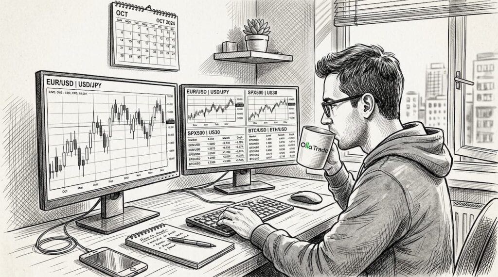 Trader in home office monitors forex and crypto