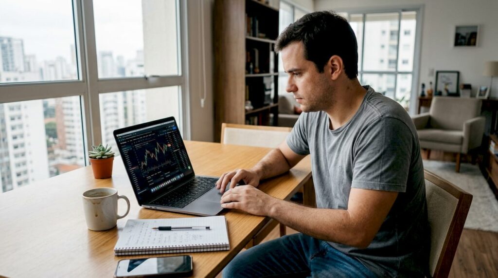 Homem fazendo operações de trading no notebook, trabalhando de casa