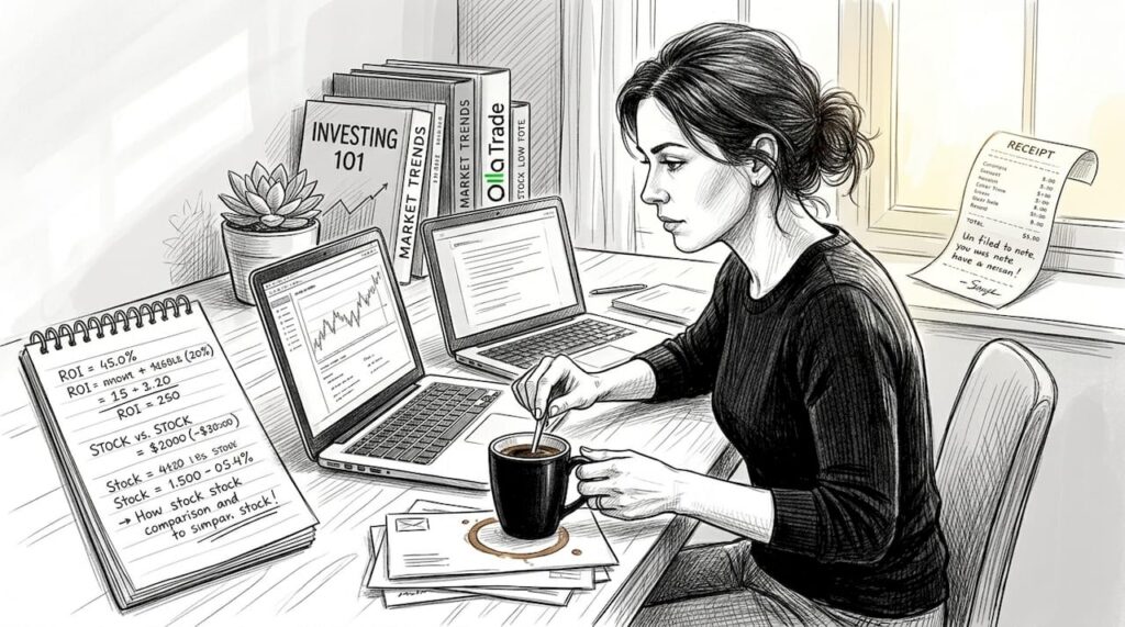 Woman reviews trading charts at home desk