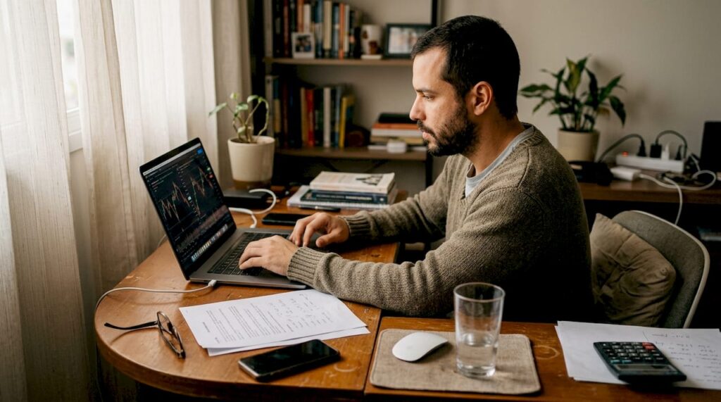 Homem trabalha de casa analisando gráficos de CFDs no computador