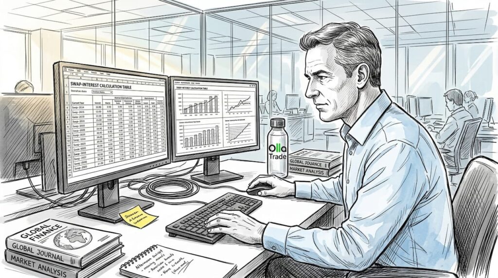 Trader analyzes forex swap data at desk