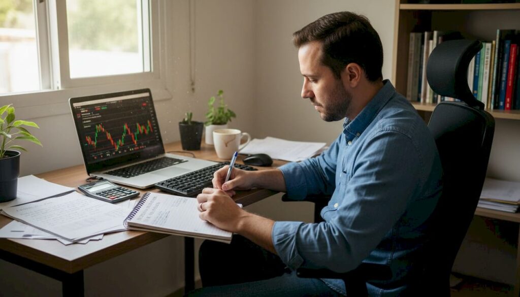Homem trabalhando de casa e analisando o mercado de forex