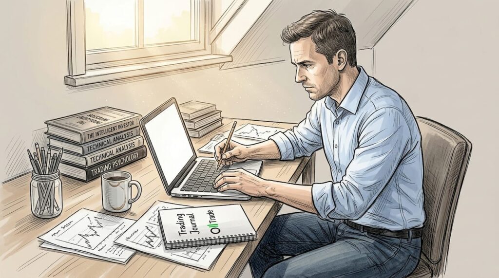 Trader entering notes in home office