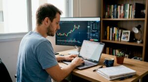 Pessoa trabalhando de casa com operações automatizadas na bolsa