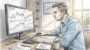 Man reviews forex charts at home desk