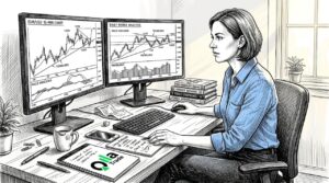 Woman analyzing forex charts in home office
