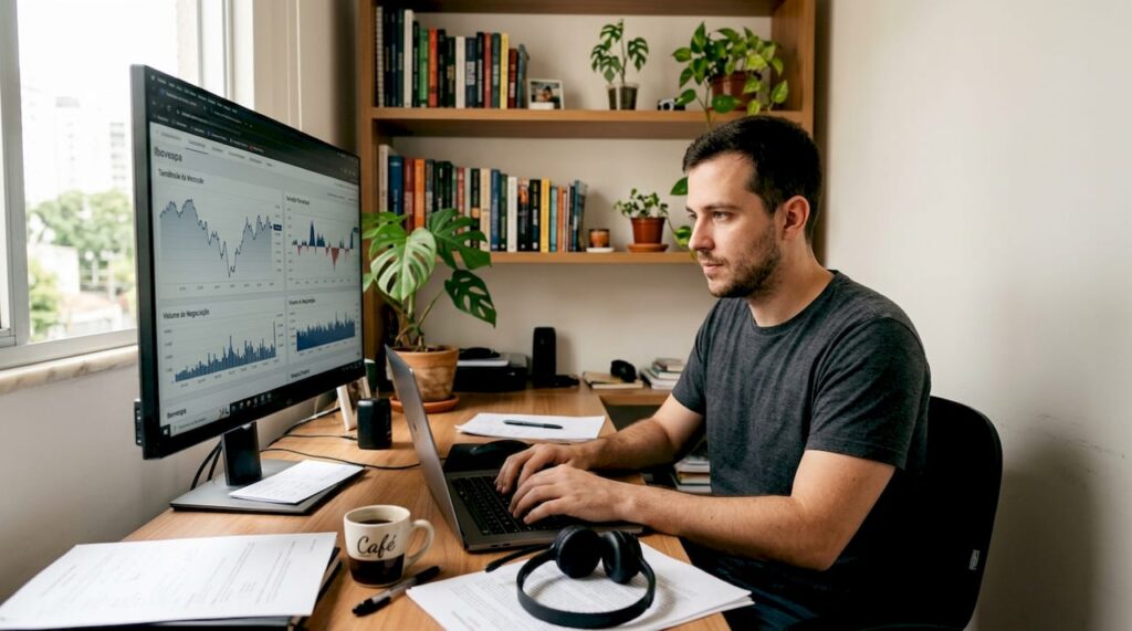 Trader trabalhando de verdade no home office