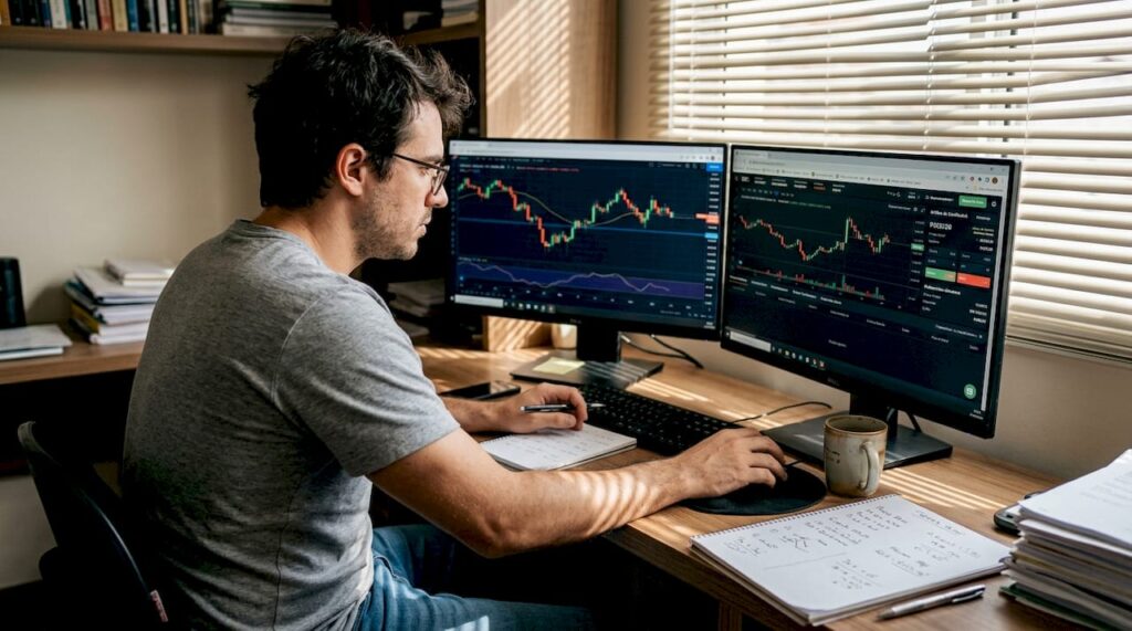 Investidor acompanhando gráficos no seu escritório simples em casa
