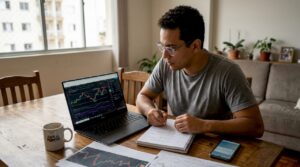 Homem acompanha o mercado de ações pelo computador em casa