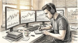 Day trader at home office workstation