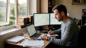 Trader trabalhando em meio à bagunça do seu home office