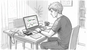 Beginner trader at home using laptop