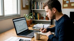 Investidor avaliando operações com CFDs enquanto trabalha de casa