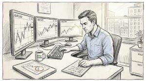 Trader studying currency charts at workstation